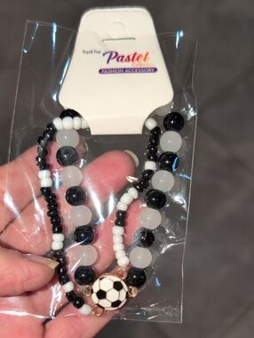 Soccer Ball Beaded Bracelet Black & White Set Of 2